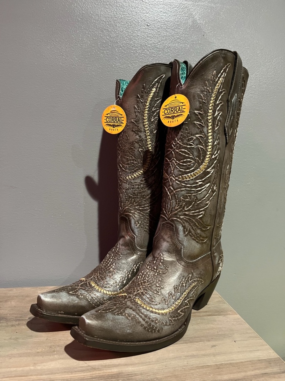 Corral Turquoise Floral-Print Leather Cowboy Boots